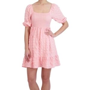 BCBGeneration Puff Sleeve Smocked Short Mini Dress Pink Size Medium